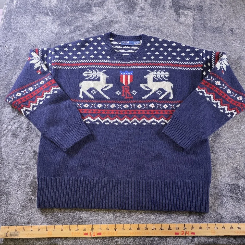 Polo Ralph Lauren Wool Reindeer Fair Isle Sweater Mens XXL Blue Patriotic Shield